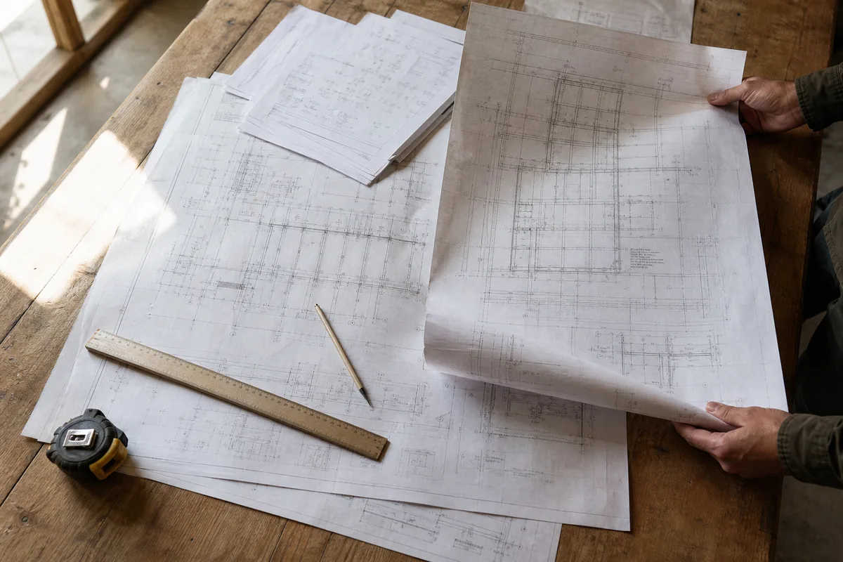 Plan d&rsquo;exécution et note de calcul de structure posés sur une table de chantier