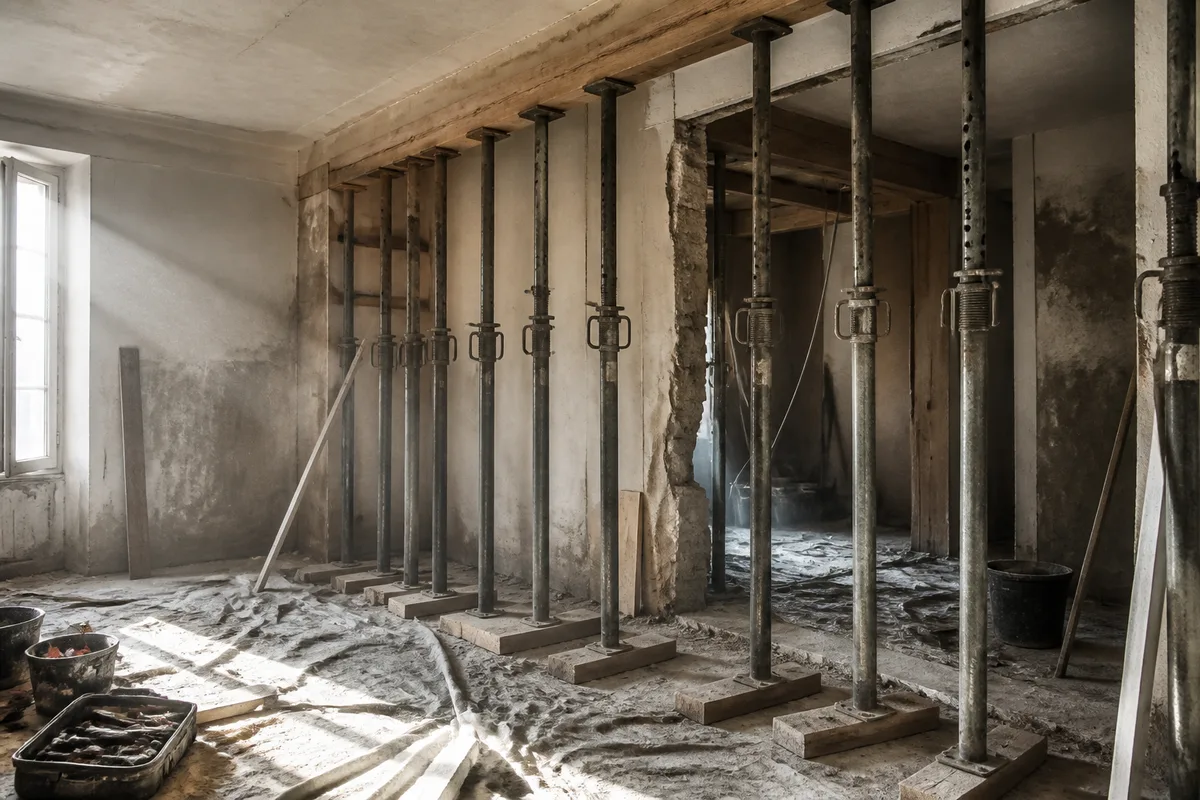 Etais metalliques en place sous un plancher avant percement d&rsquo;un mur porteur