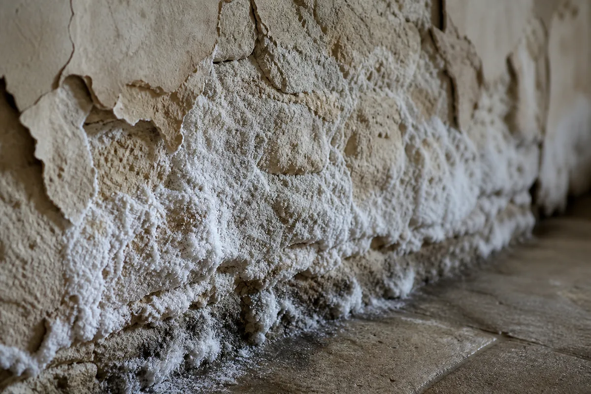 Efflorescences de salpêtre sur le bas d&rsquo;un mur ancien en pierre et mortier de chaux
