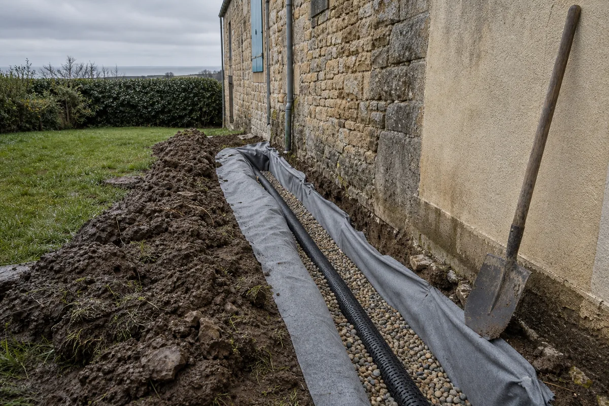 Tranchée de drainage périphérique le long d&rsquo;une maison ancienne en pierre